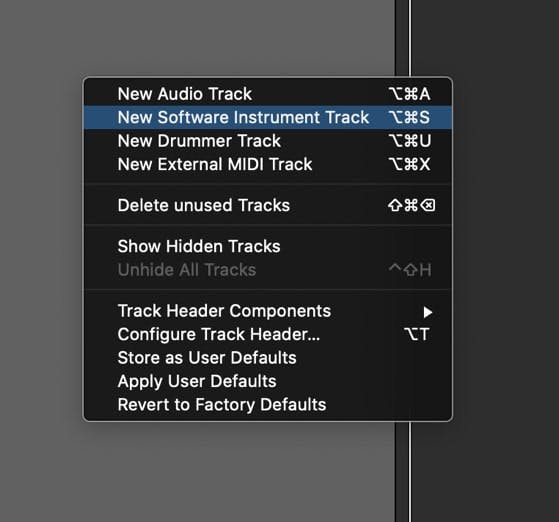 Create a ‘New Software Instrument Track’