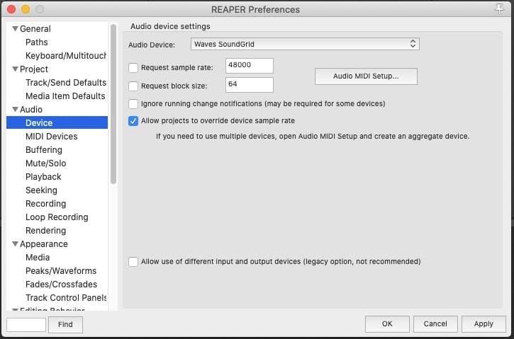 How to set up Reaper for SoundGrid Playback and Recording on Mac
