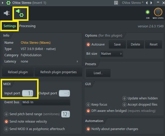 In the Settings window, set the MIDI port to 1